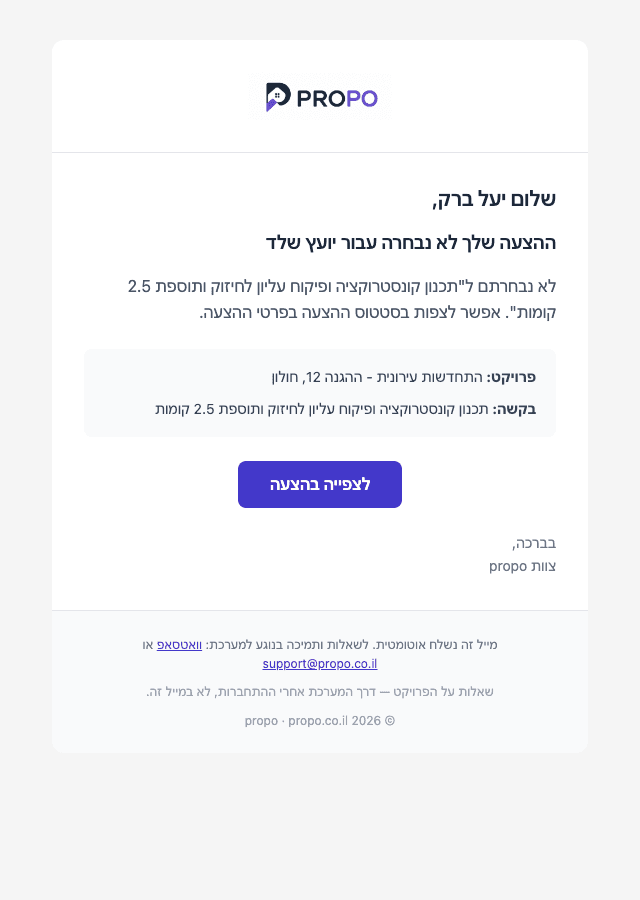 מייל ההצעה לא נבחרה