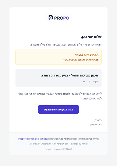 יועץ עדיין לא הגיש הצעה? — תזכורת אוטומטית נשלחת לפני מועד ההגשה.